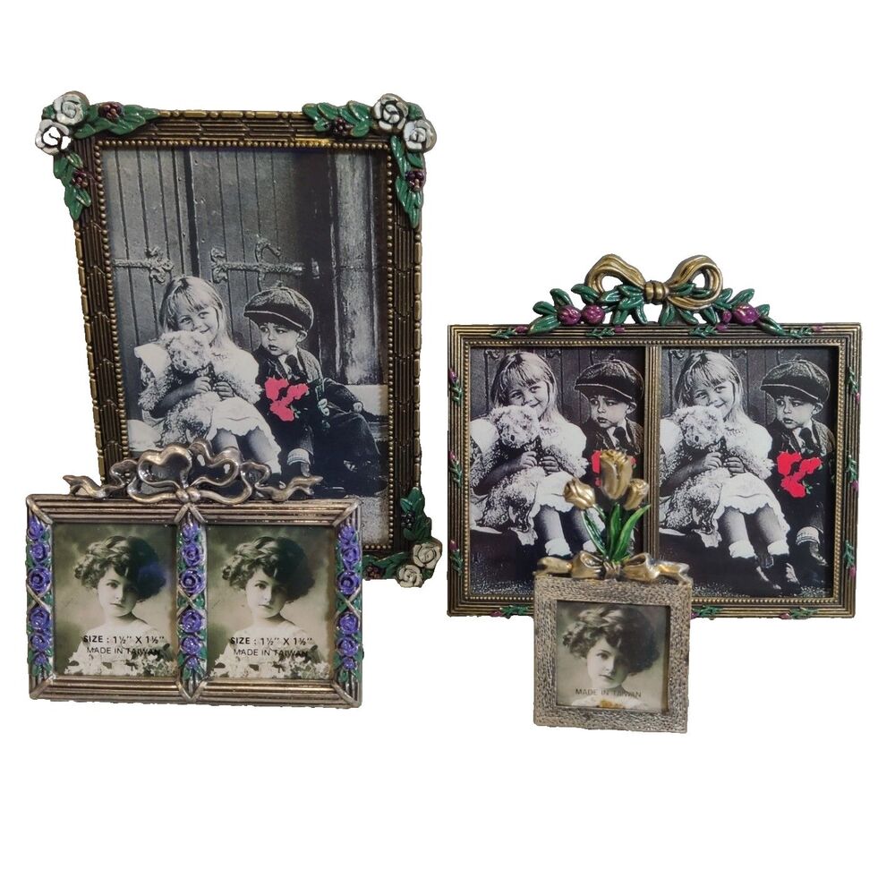 Vintage Artist Signed Filigree Metal Picture Frame Set, Ornate Victorian